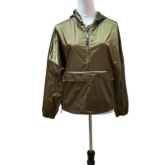 Olive‎ Green Pullover Anorak Jacket Hooded Lightweight Rain Windbreaker - Picture 1 of 10
